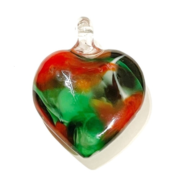Large Art Glass Heart Necklace Pendant Red Green White Holiday Christmas Swirl - Picture 2 of 11